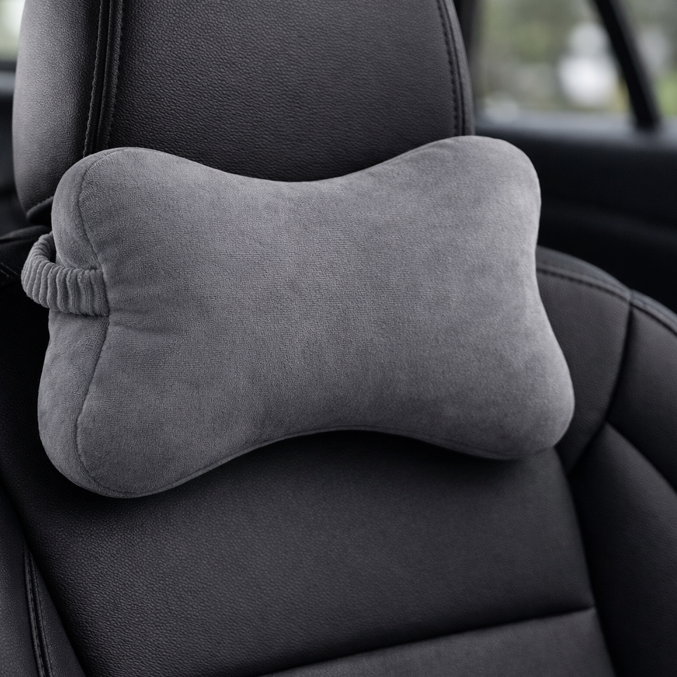 Gray car headrest pillow on a car seat